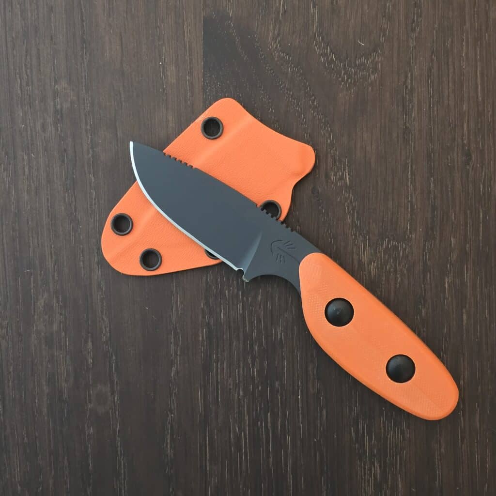 Sculpin Knife Co. Scout 1095 with cerakote in Slate, Orange g10 scales and Orange kydex sheath knife for sale