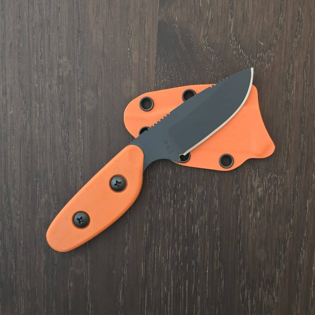 Sculpin Knife Co. Scout 1095 with cerakote in Slate, Orange g10 scales and Orange kydex sheath knife for sale