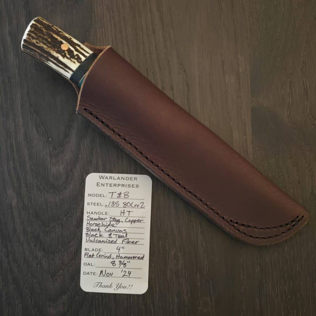 Warlander Knives T & B in 80Crv2 and Copper, Sambar Stag, Black Canvas Hores Hide and Teal Fiber 11/2024 knife for sale