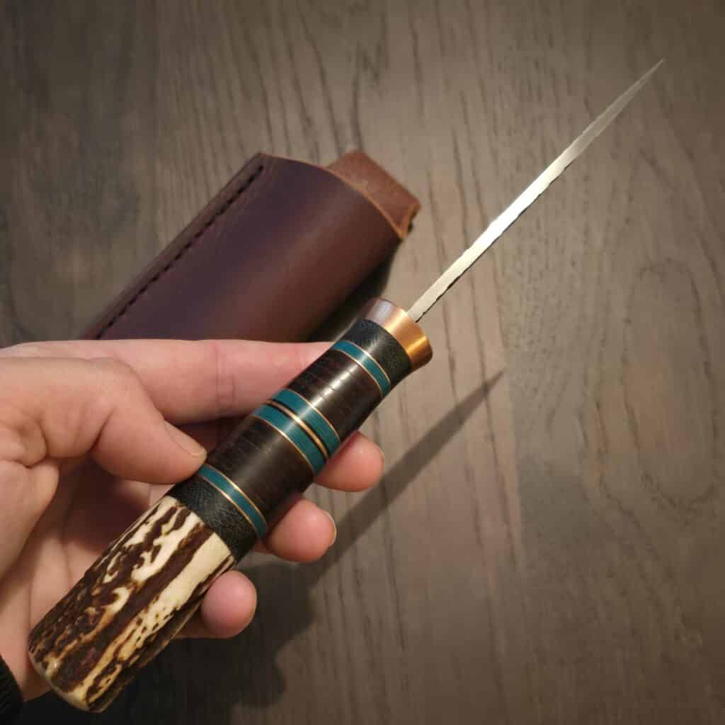 Warlander Knives T & B in 80Crv2 and Copper, Sambar Stag, Black Canvas Hores Hide and Teal Fiber 11/2024 knife for sale