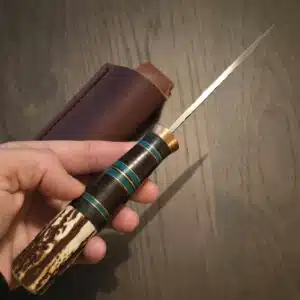 Warlander Knives T & B in 80Crv2 and Copper, Sambar Stag, Black Canvas Hores Hide and Teal Fiber 11/2024 knife for sale