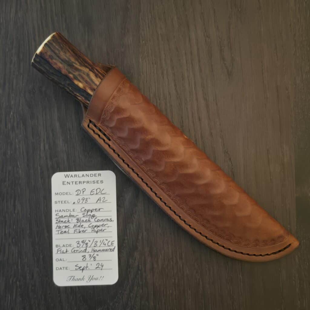 Warlander Knives DP EDC in A2 and Copper, Sambar Stag, Black Canvas Hores Hide and Teal Fiber 9/2024 – gallery image 6