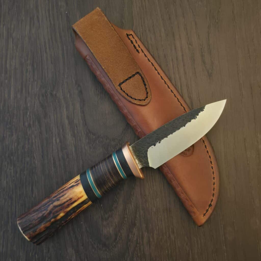 Warlander Knives DP EDC in A2 and Copper, Sambar Stag, Black Canvas Hores Hide and Teal Fiber 9/2024 – gallery image 5