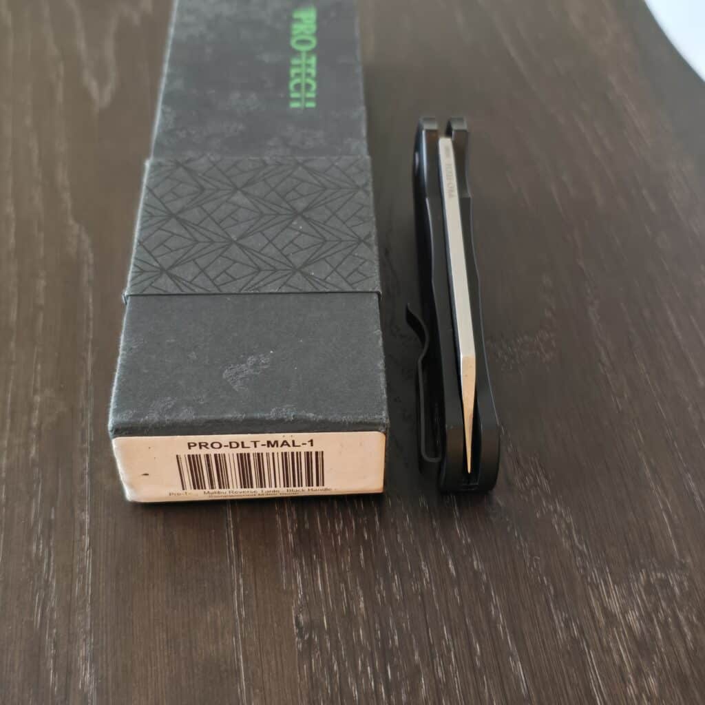 Protech DLT Malibu 1 Exclusive edition Solid Black Handle, Stonewash finish, M390 Reverse Tanto Blade, Plain Edge knife for sale