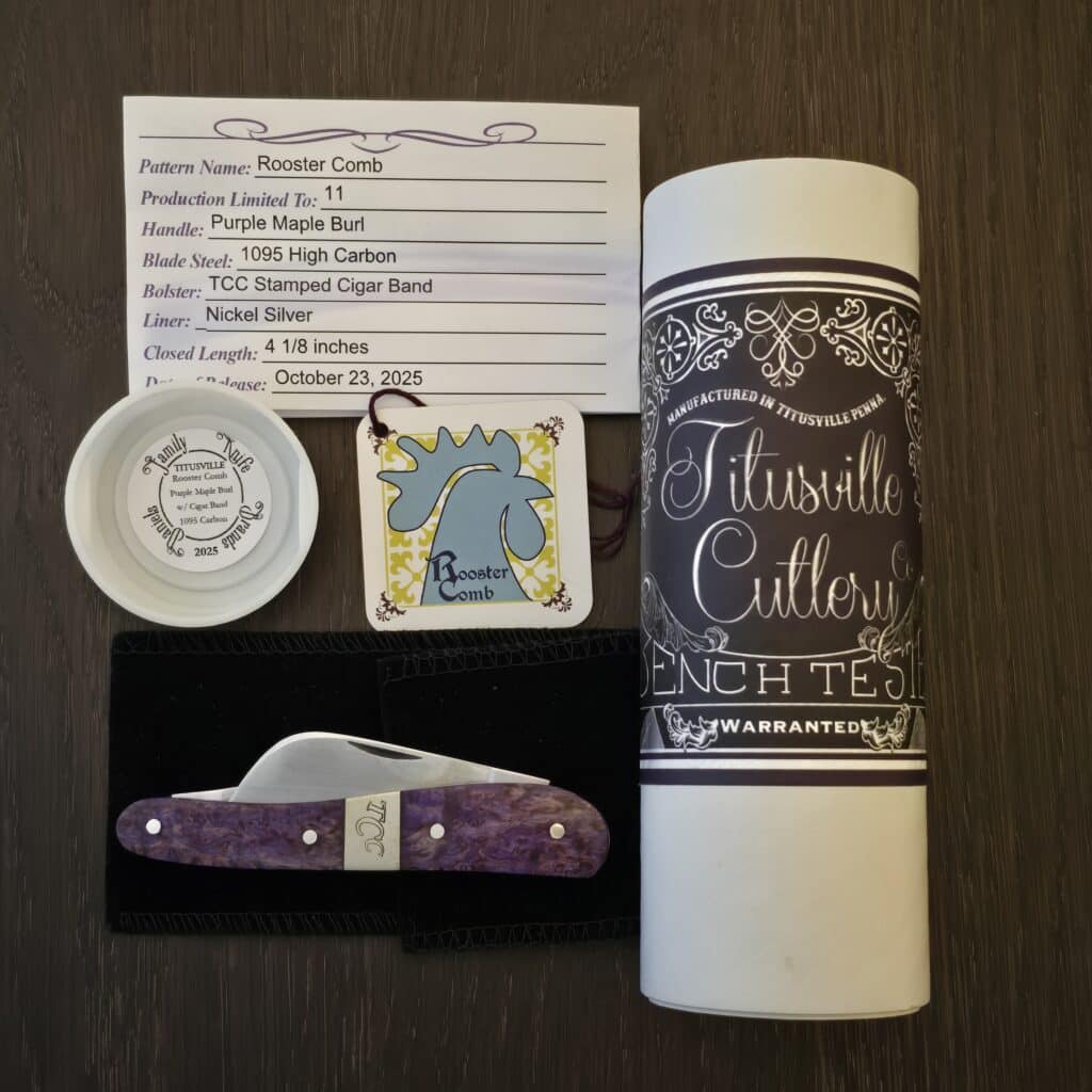 Titusville Cutlery Rooster Comb in Purple Maple Burl with Cigar Band by Daniels 2025 (1 of 11) knife for sale