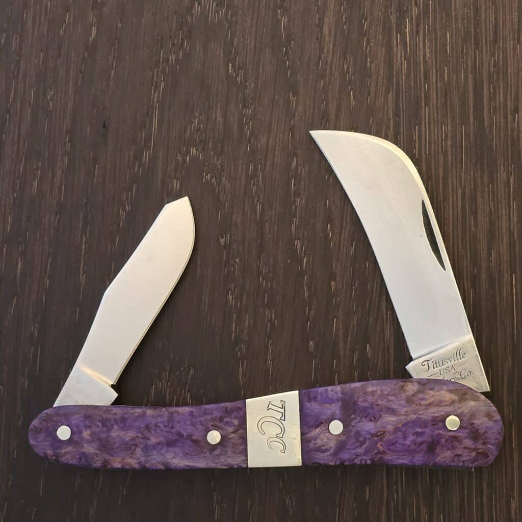 Titusville Cutlery Rooster Comb in Purple Maple Burl with Cigar Band by Daniels 2025 (1 of 11) knife for sale