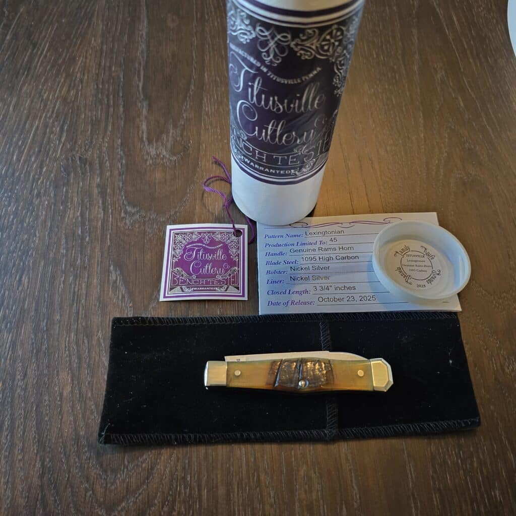 Titusville Cutlery Lexingtonian in Ram Horn and 1095 High Carbon 2025 (production limited to 45) knife for sale