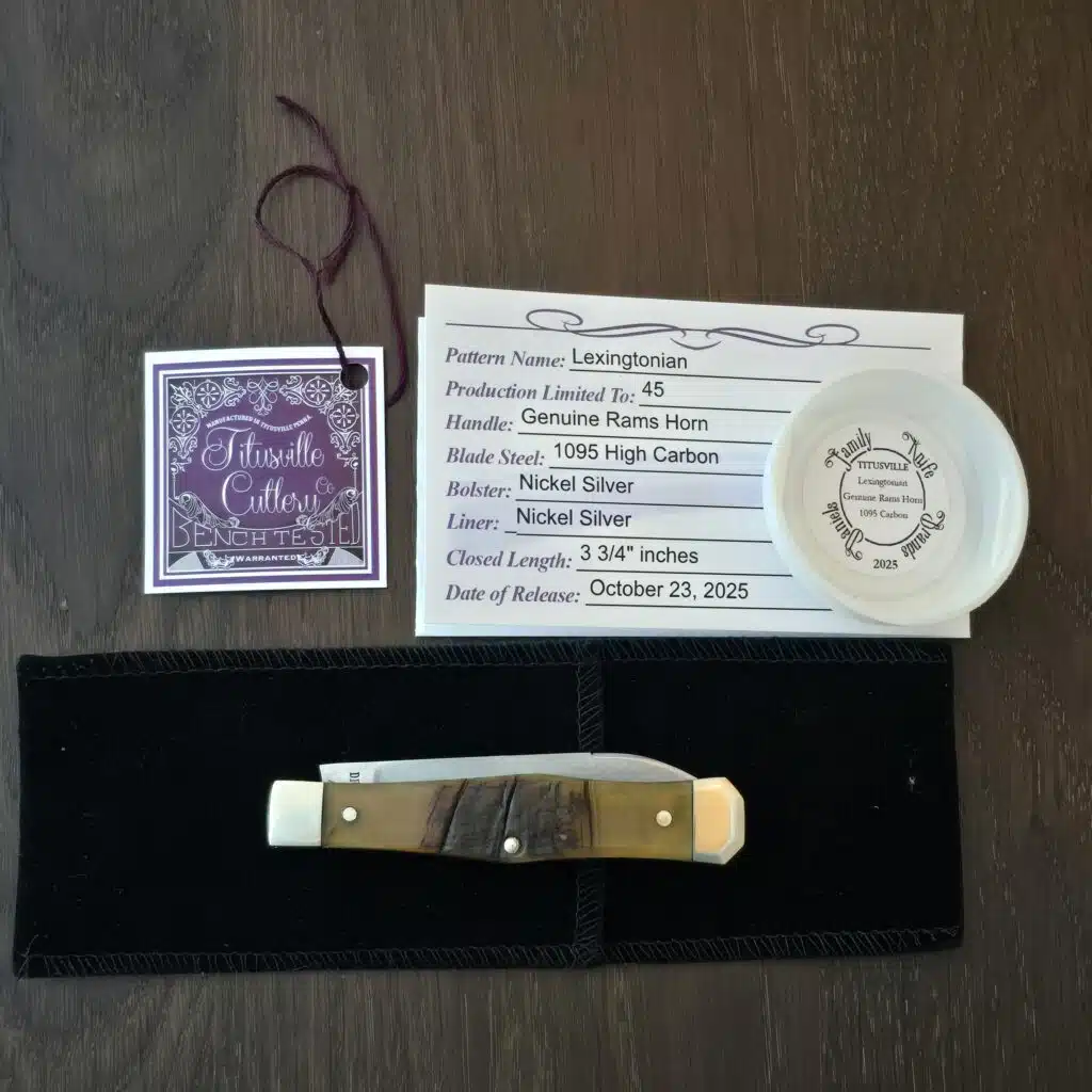 Titusville Cutlery Lexingtonian in Ram Horn and 1095 High Carbon 2025 (production limited to 45) knife for sale