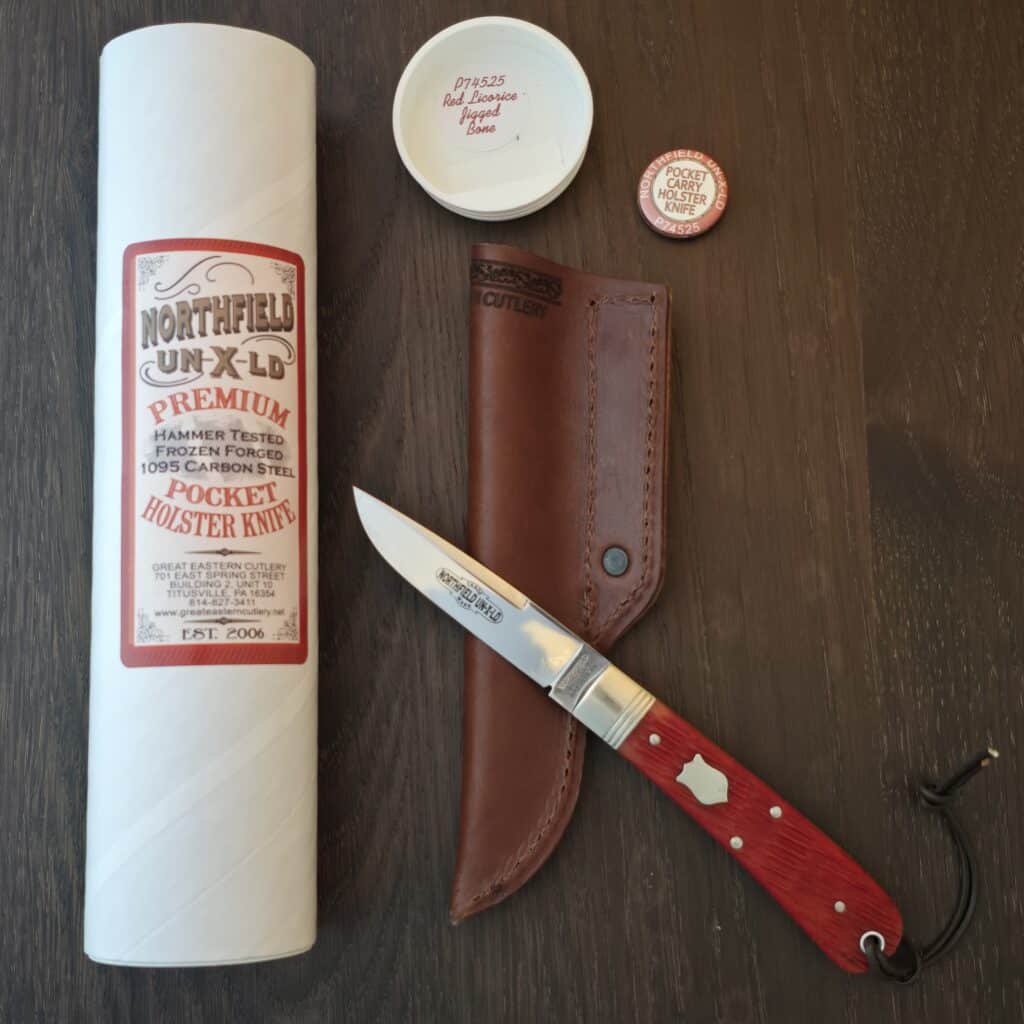Great Eastern Cutlery #P74525 Red Licorice Jigged Bone Premium Pocket Holster Knife knife for sale