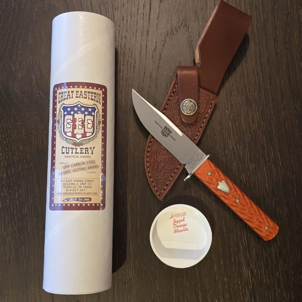 Great Eastern Cutlery #H10125 Carbon Steel Guard Hunter with Sheath in Jigged Orange Linen Micarta knife for sale
