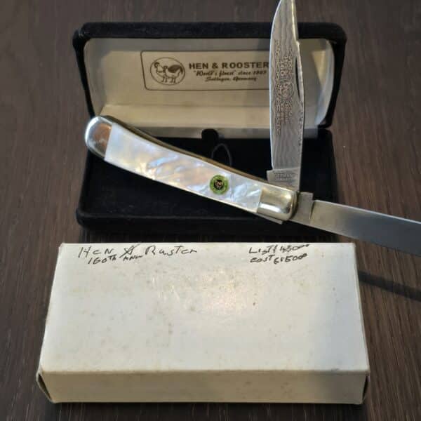 Vintage German Hen & Rooster 160th Anniversary Knife in MOP and Damascus – gallery image 1