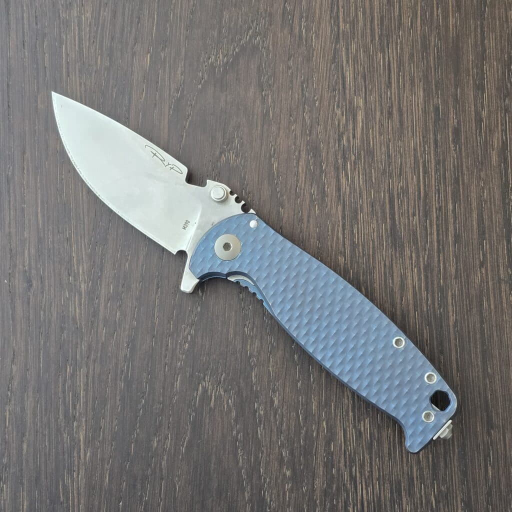 DPx Gear HEST/F 3.0 3D Ti Flipper Knife 3.15" M390 Stonewashed Plain Blade, 3D Machined Blue Titanium Handles, Frame Lock - DPHSF010 knife for sale