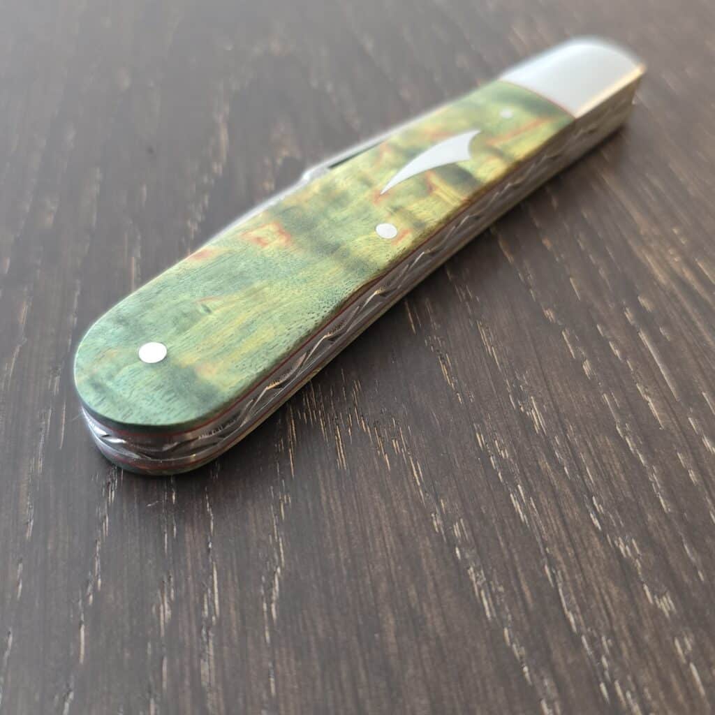 K'Roo Custom Mamba Wharncliffe Swayback in Dyed Karellan Birch Burl and N690 with Federal Shield Created November 2025 by W. O'Kelly – gallery image 5