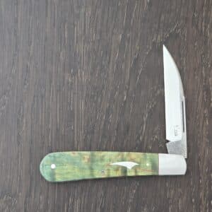 K'Roo Custom Mamba Wharncliffe Swayback in Dyed Karellan Birch Burl and N690 with Federal Shield Created November 2025 by W. O'Kelly knife for sale
