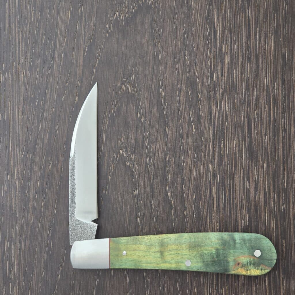 K'Roo Custom Mamba Wharncliffe Swayback in Dyed Karellan Birch Burl and N690 with Federal Shield Created November 2025 by W. O'Kelly – gallery image 2