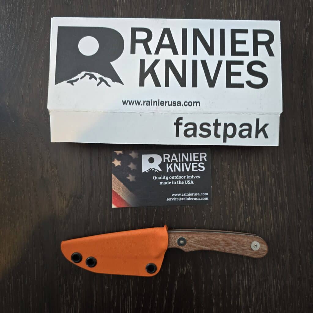 Rainier Knives Fastpack in Elmax and Natural Canvas Micarta with Orange Kydex Sheath – gallery image 3