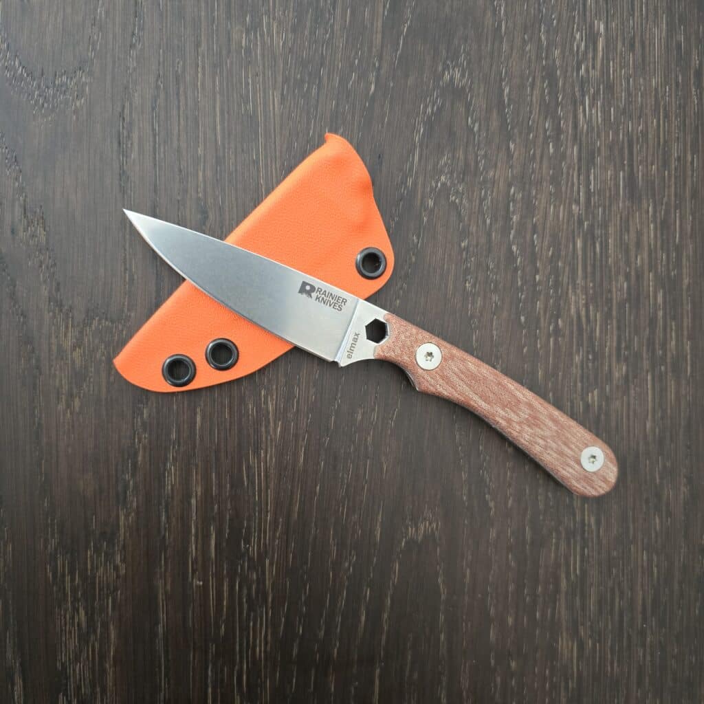 Rainier Knives Fastpack in Elmax and Natural Canvas Micarta with Orange Kydex Sheath – gallery image 2