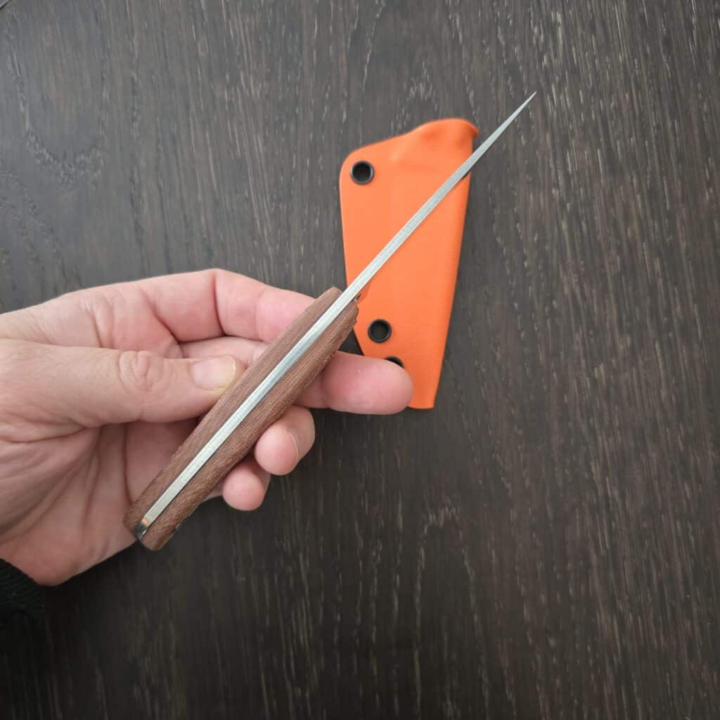Rainier Knives Fastpack in Elmax and Natural Canvas Micarta with Orange Kydex Sheath – gallery image 4