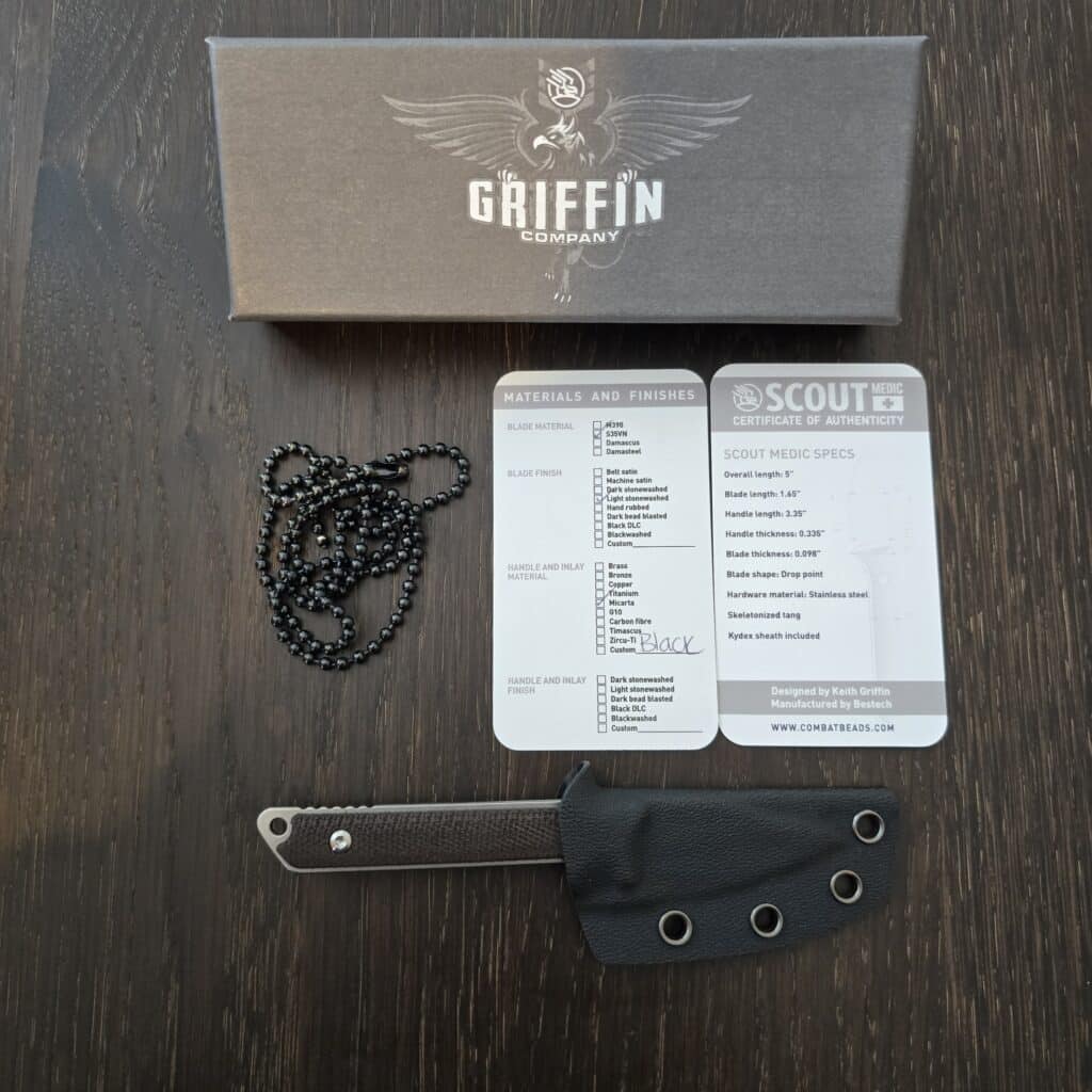 Griffin Company Scout Medic in Black G10 and S35VN Designed by Kieth Griffin and Manufactured by Bestech knife for sale