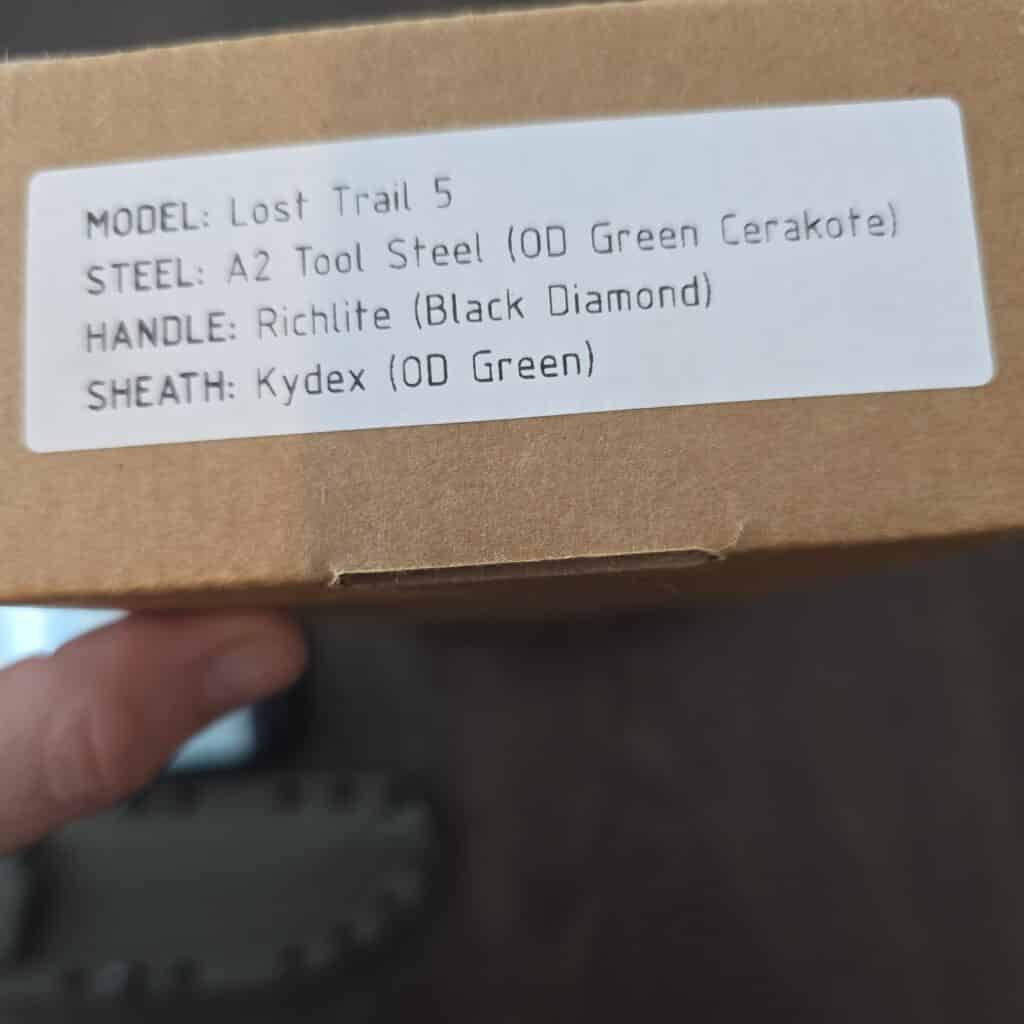 Schwarz Knives Lost Trail 5 in A2, OD Green Cerakote,Black Richlite Handles, OD Green Kydex and JWR Gear Curator Flex Glow Bead knife for sale