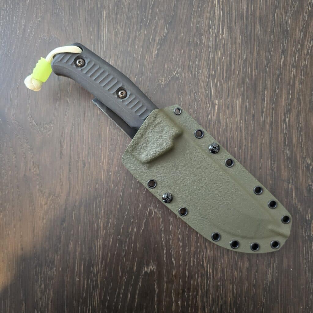 Schwarz Knives Lost Trail 5 in A2, OD Green Cerakote,Black Richlite Handles, OD Green Kydex and JWR Gear Curator Flex Glow Bead knife for sale