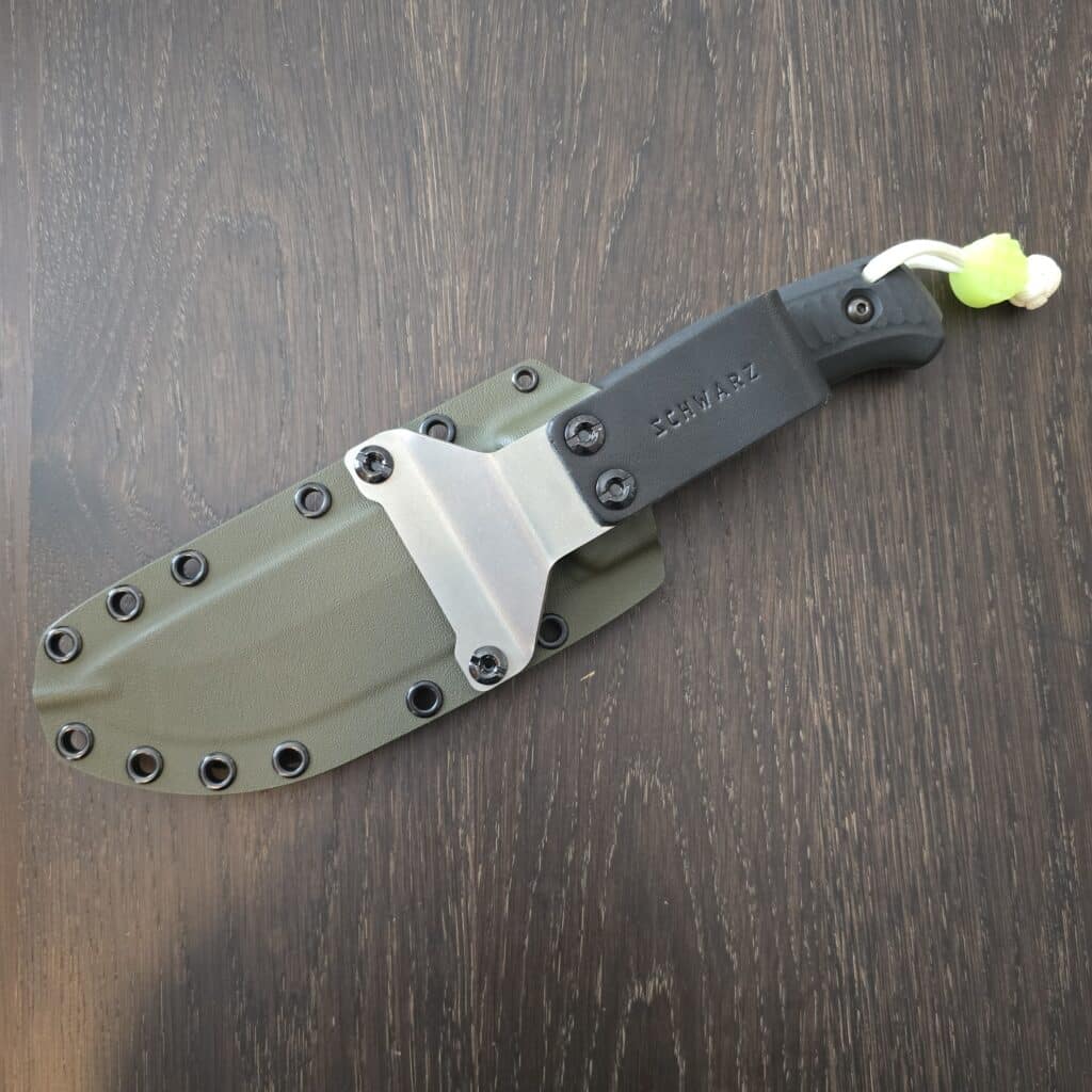 Schwarz Knives Lost Trail 5 in A2, OD Green Cerakote,Black Richlite Handles, OD Green Kydex and JWR Gear Curator Flex Glow Bead knife for sale