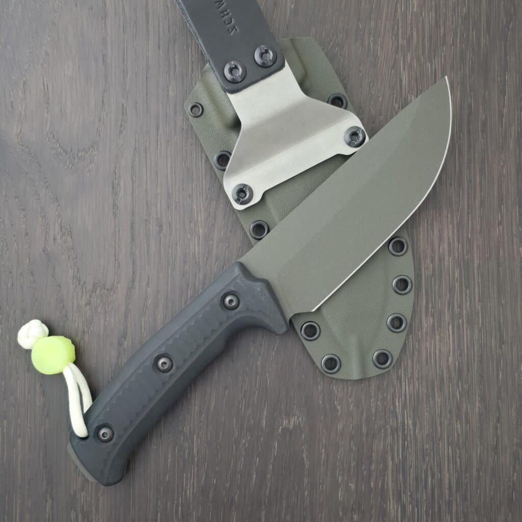 Schwarz Knives Lost Trail 5 in A2, OD Green Cerakote,Black Richlite Handles, OD Green Kydex and JWR Gear Curator Flex Glow Bead knife for sale