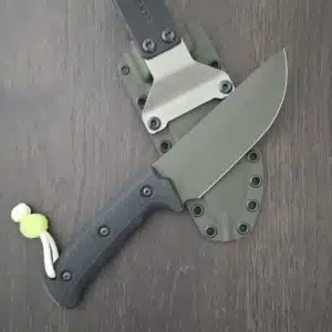 Schwarz Knives Lost Trail 5 in A2, OD Green Cerakote,Black Richlite Handles, OD Green Kydex and JWR Gear Curator Flex Glow Bead knife for sale