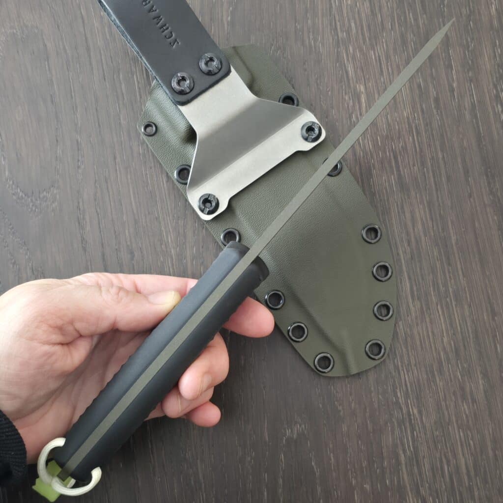 Schwarz Knives Lost Trail 5 in A2, OD Green Cerakote,Black Richlite Handles, OD Green Kydex and JWR Gear Curator Flex Glow Bead knife for sale