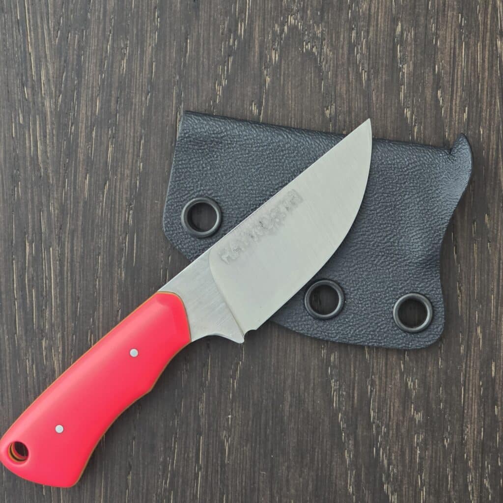 Hayworth Knives Gizmo in AEB-L and Pink Turbo Glow Handles with Dayglow G10 Liners and Kydex Sheath knife for sale