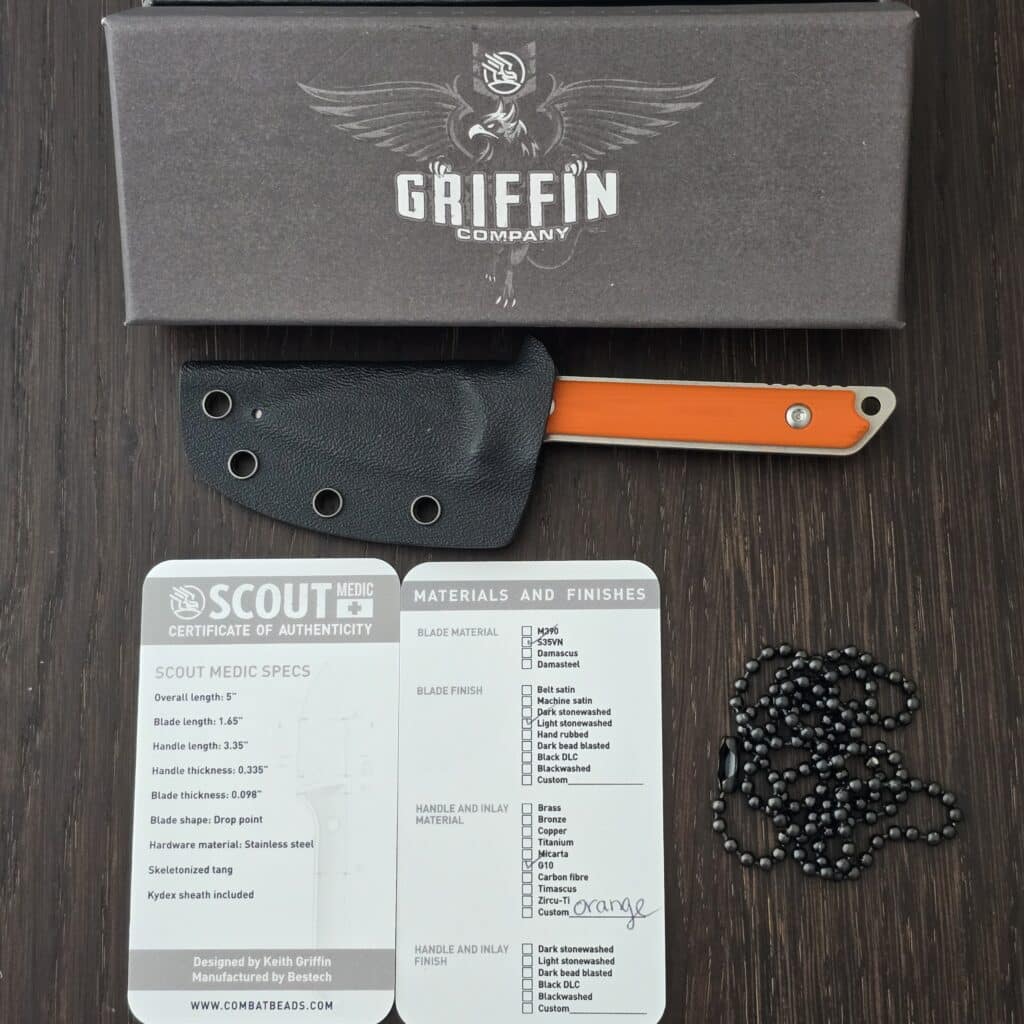 Griffin Company Scout Medic in Orange G10 and S35VN Designed by Kieth Griffin and Manufactured by Bestech knife for sale