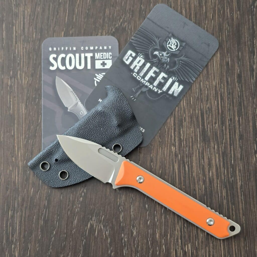 Griffin Company Scout Medic in Orange G10 and S35VN Designed by Kieth Griffin and Manufactured by Bestech knife for sale