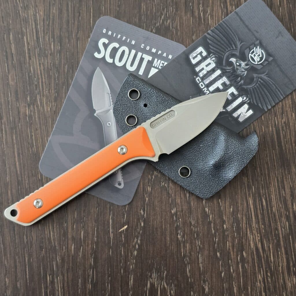 Griffin Company Scout Medic in Orange G10 and S35VN Designed by Kieth Griffin and Manufactured by Bestech knife for sale