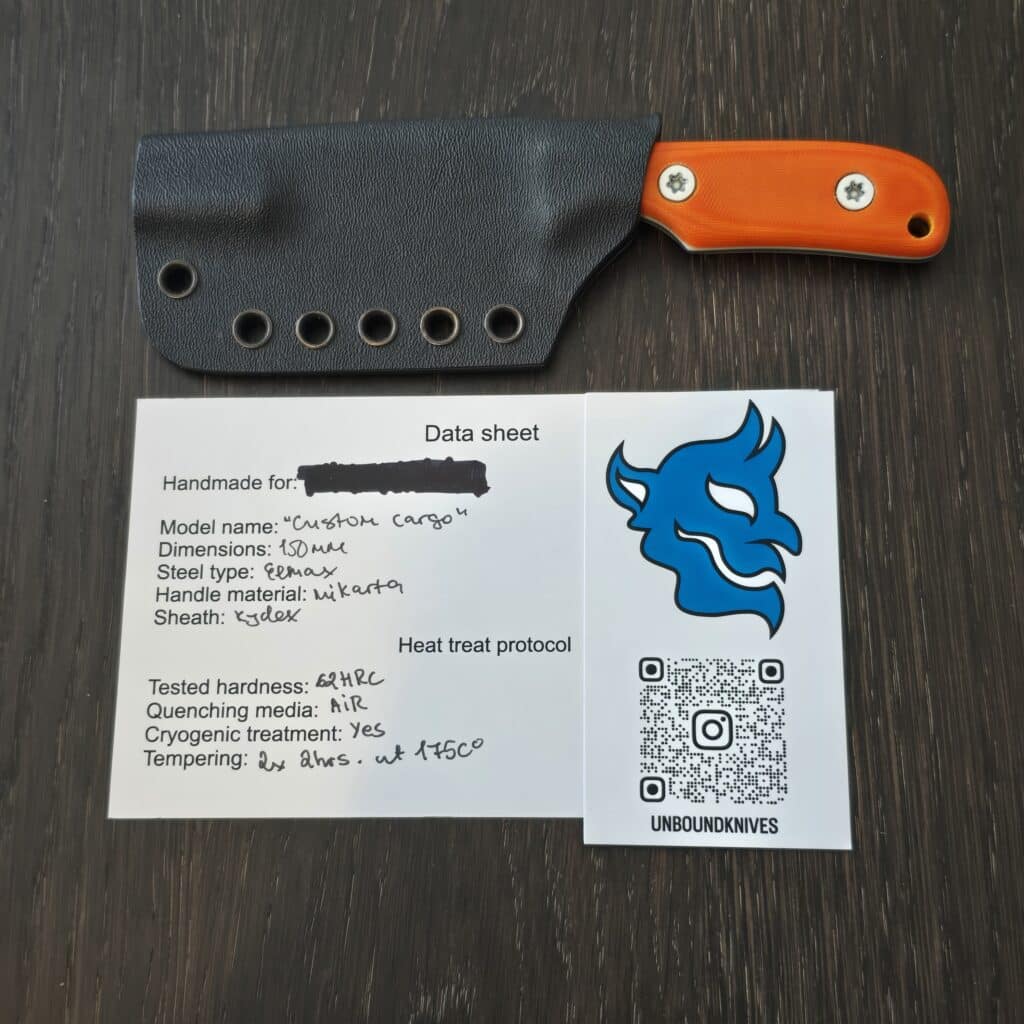 Unbound Knives/ Nikola Rusev Modified Cargo Model in Elmax 62 HRC Cryo and Orange Micarta Scales with White G10 Liners and White Gulso Hardware knife for sale