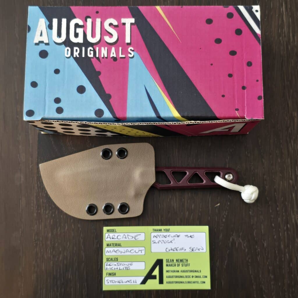 August Originals Arcade Fixed Blade in Magnacut and Maroon Richlite Handles, FDE Kydex and Glow Cord Knot – gallery image 4