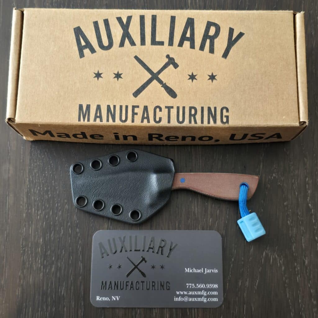 Auxiliary Manufacturing Runt in ABE-L and Natural Micarta With Blue G10 Pin and Blue Glow Insurgent Bead By Combat Beads – gallery image 4