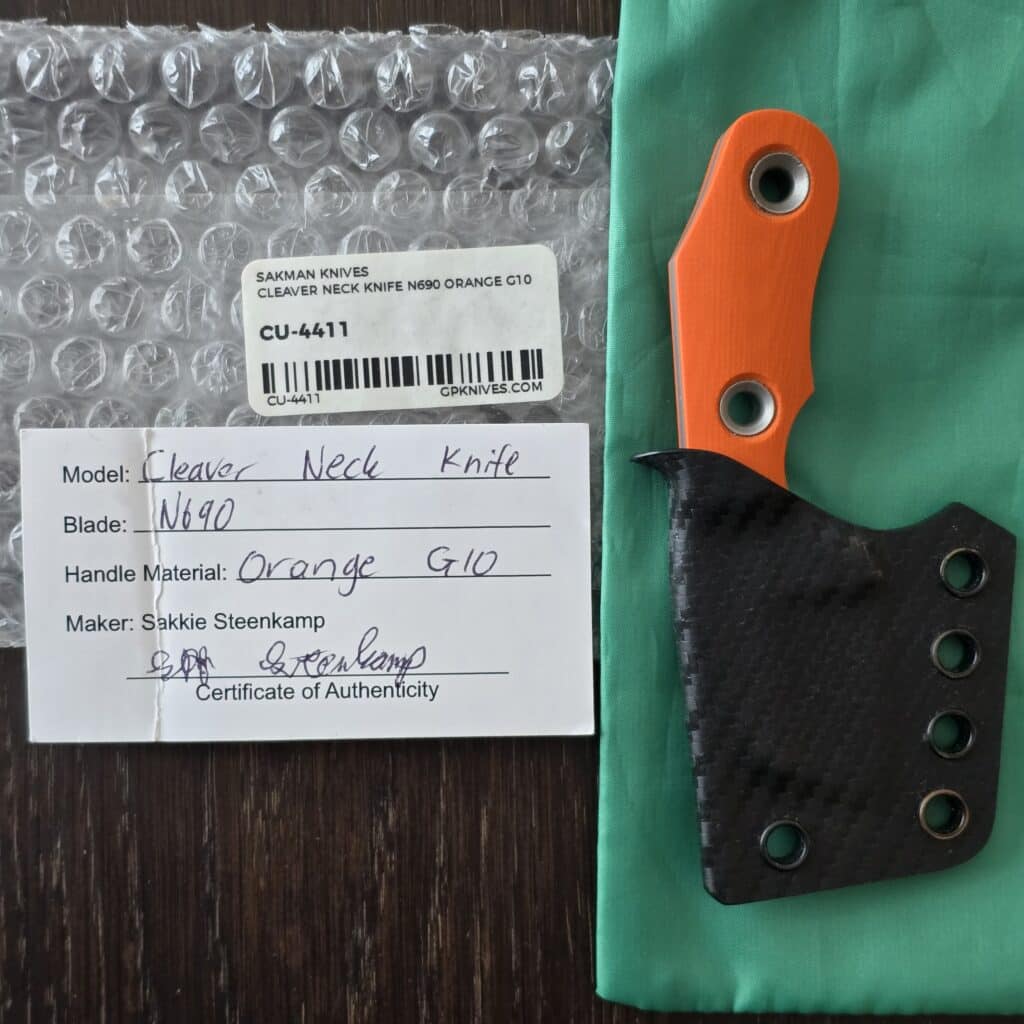 Sakman Steenkamp Custom EDC in N690 and Orange G10 with Faired Stainless Tubes and Custom Carbon Fiber Kydex Sheath By Armatus knife for sale