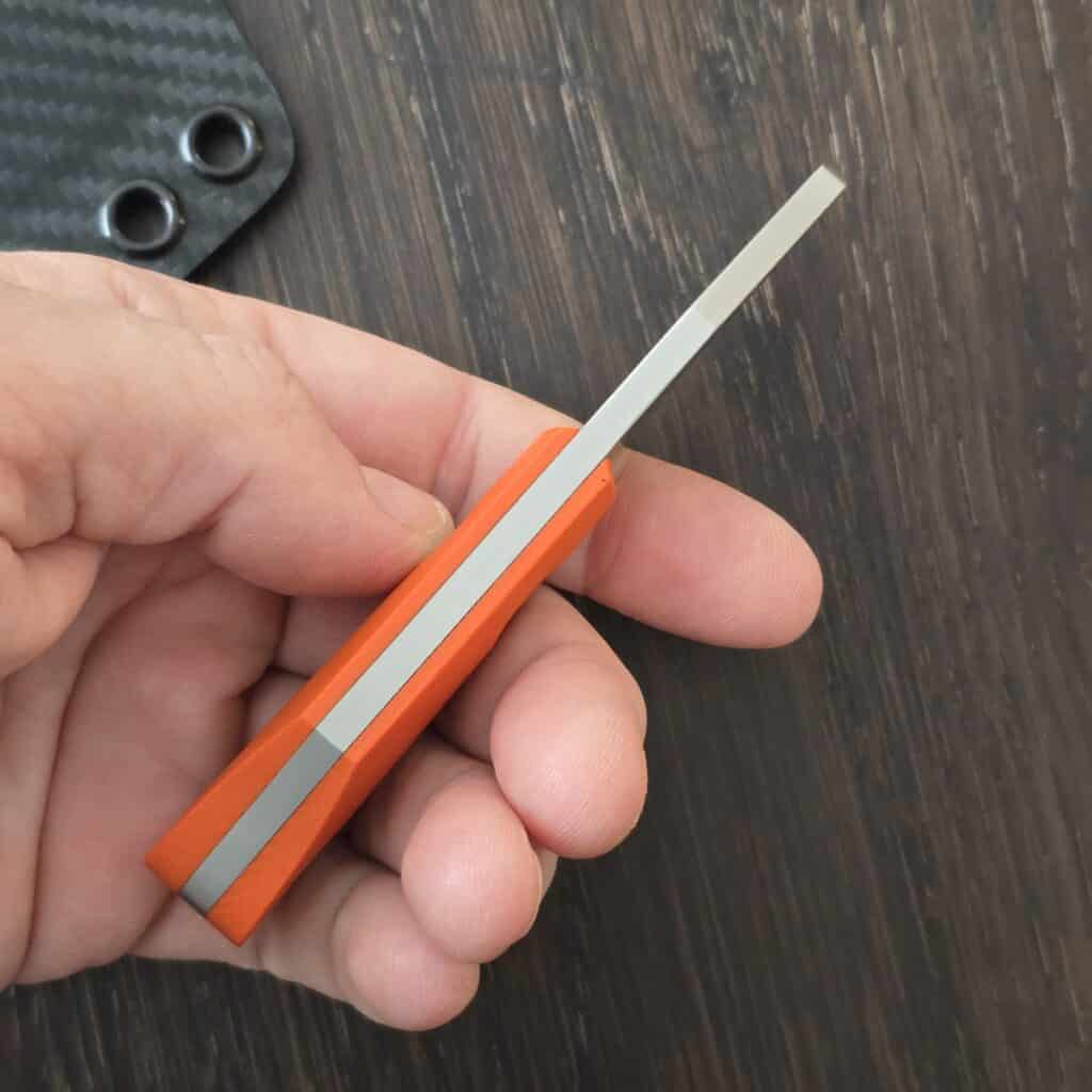 Sakman Steenkamp Custom EDC in N690 and Orange G10 with Faired Stainless Tubes and Custom Carbon Fiber Kydex Sheath By Armatus knife for sale
