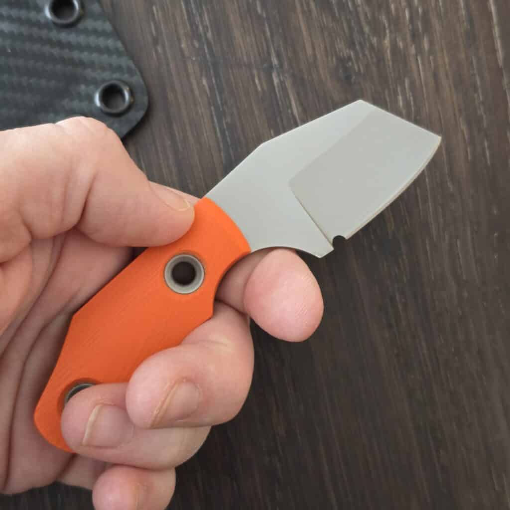 Sakman Steenkamp Custom EDC in N690 and Orange G10 with Faired Stainless Tubes and Custom Carbon Fiber Kydex Sheath By Armatus knife for sale