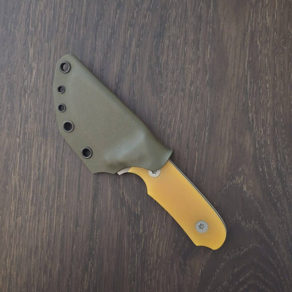 Brian Berard/ Clavius Knives Sput in 3V and Lager G10 Handles with White G10 Liners, Torx Hardware, and OD Green Kydex Sheath knife for sale