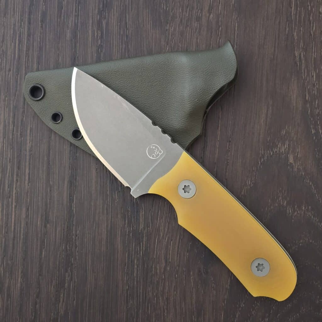 Brian Berard/ Clavius Knives Sput in 3V and Lager G10 Handles with White G10 Liners, Torx Hardware, and OD Green Kydex Sheath knife for sale
