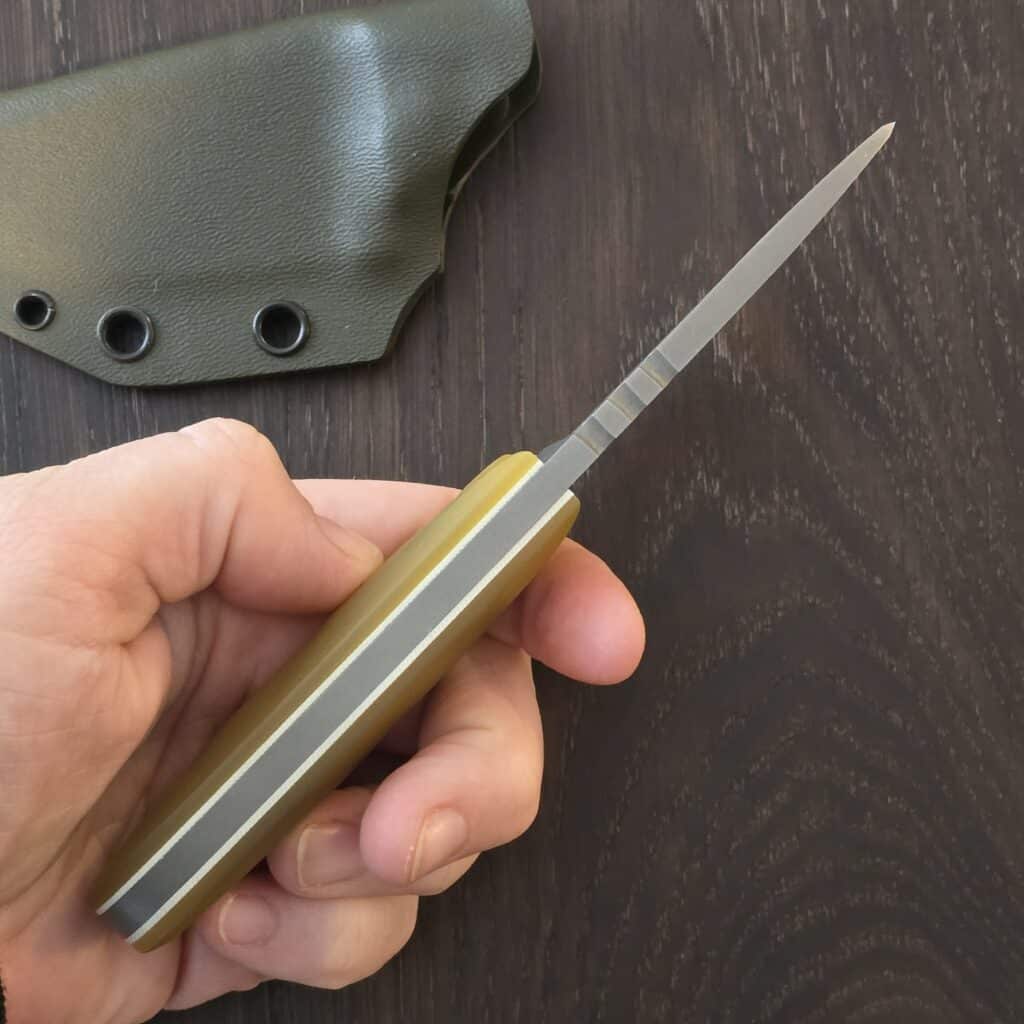 Brian Berard/ Clavius Knives Sput in 3V and Lager G10 Handles with White G10 Liners, Torx Hardware, and OD Green Kydex Sheath knife for sale