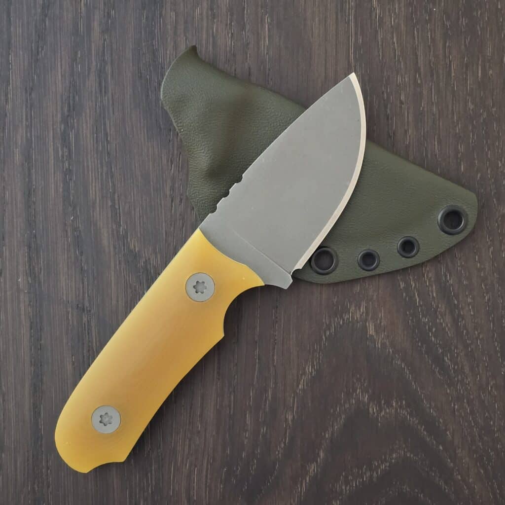 Brian Berard/ Clavius Knives Sput in 3V and Lager G10 Handles with White G10 Liners, Torx Hardware, and OD Green Kydex Sheath knife for sale