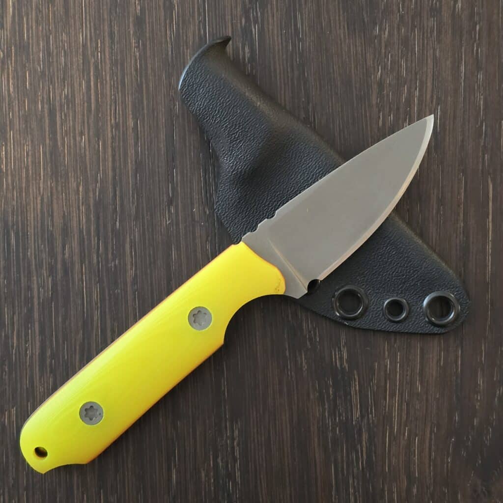 Brian Berard/ Clavius Knives Thebit in 154CM and Dayglow G10 Handles with Orange G10 Liners and Black Kydex Sheath knife for sale