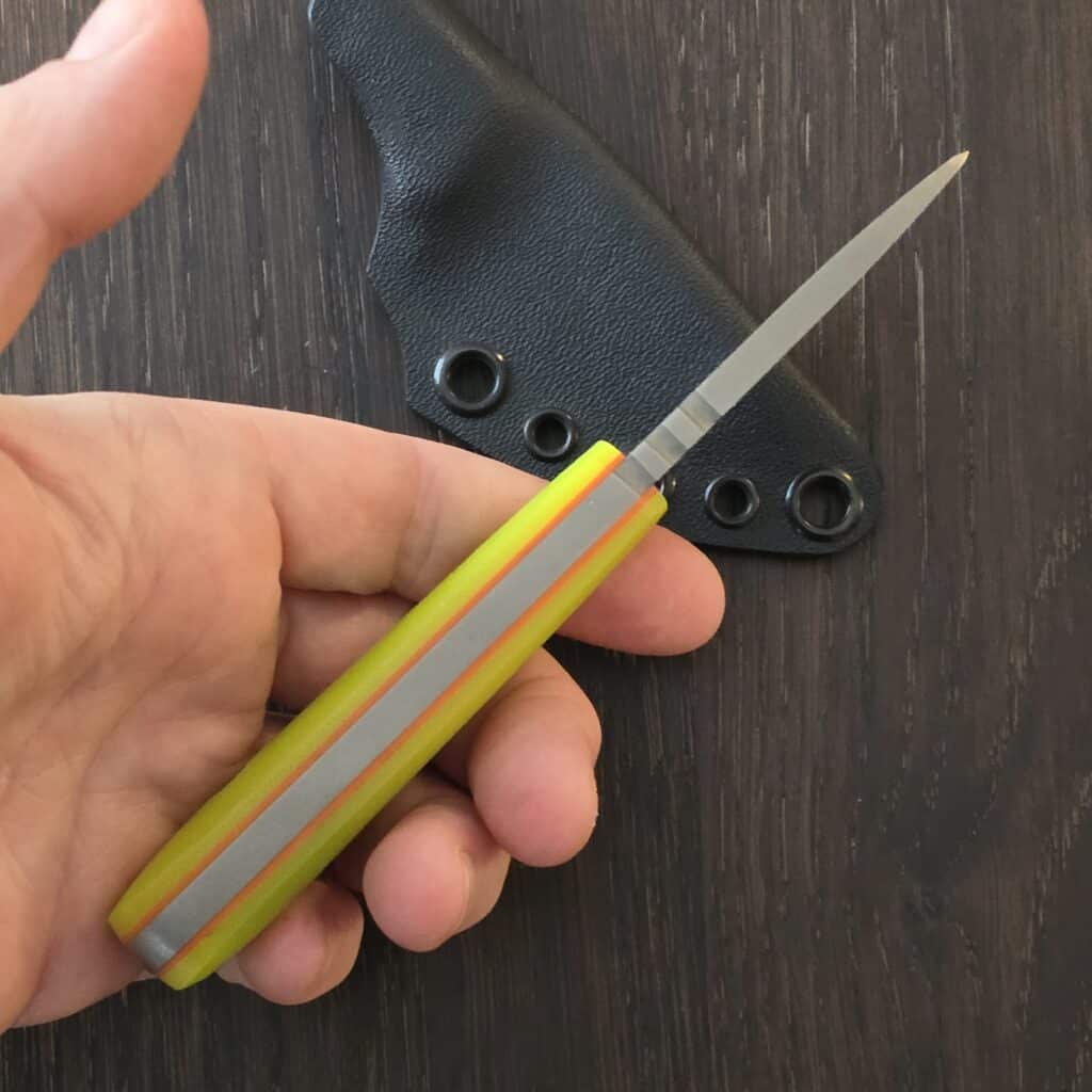 Brian Berard/ Clavius Knives Thebit in 154CM and Dayglow G10 Handles with Orange G10 Liners and Black Kydex Sheath knife for sale