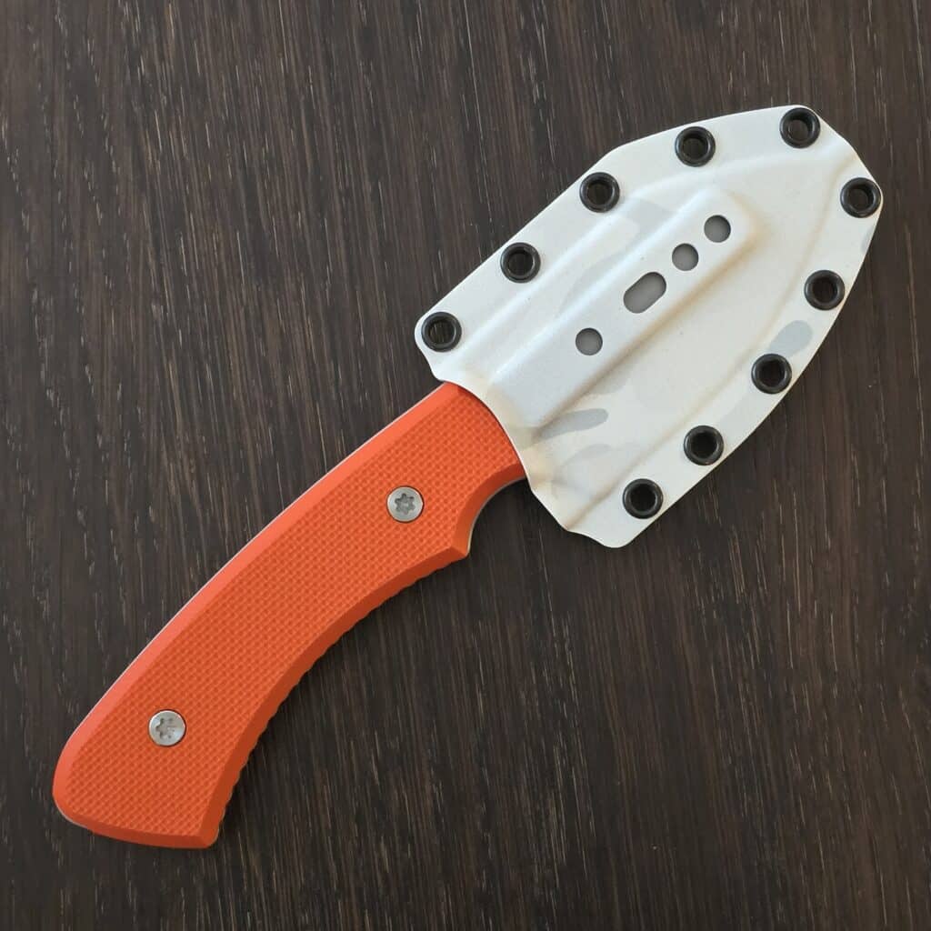 Dauntless Manufacturing The Moss in ABE-L and Orange Peel Ply G10 scales, Gulso Bolt Hardware, Alpine Camo Minimalist Kydex Sheath and additional Set of Black G10 Scales – gallery image 5
