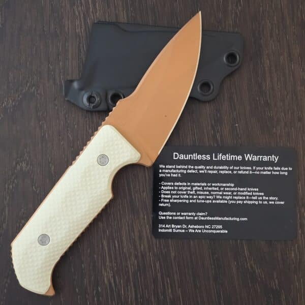 Dauntless Manufacturing Matt Helm Work Knife V2 inIvory G10, Gulso Bolt Hardware and Magnacut with Bronze Cerakote Finish (note spot on finish) – gallery image 1
