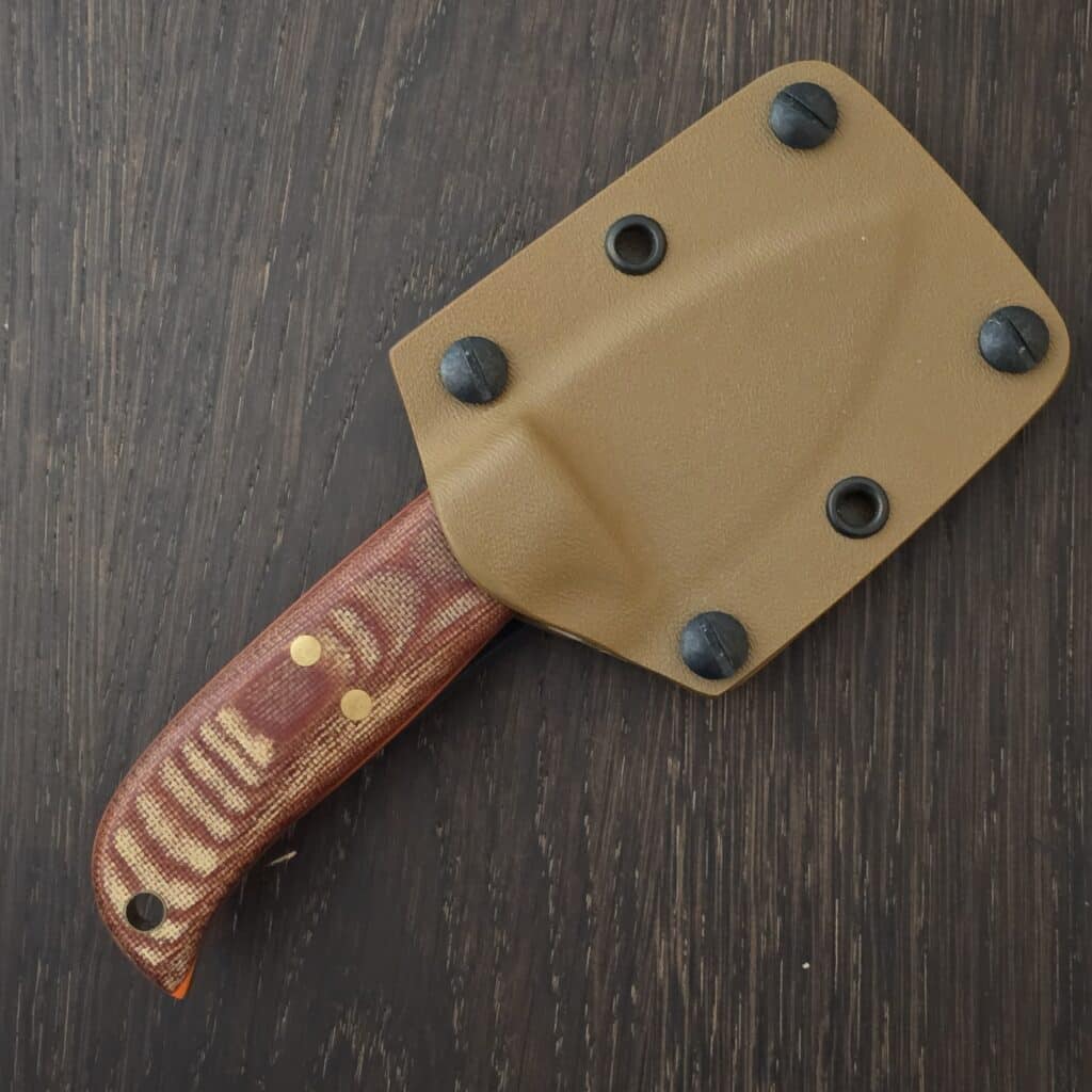 Pacheco Forge Custom Companion 80CRV2 in Burlap Micarta, G10 Orange Liners, Brass Pins and FDE Kydex Sheath knife for sale