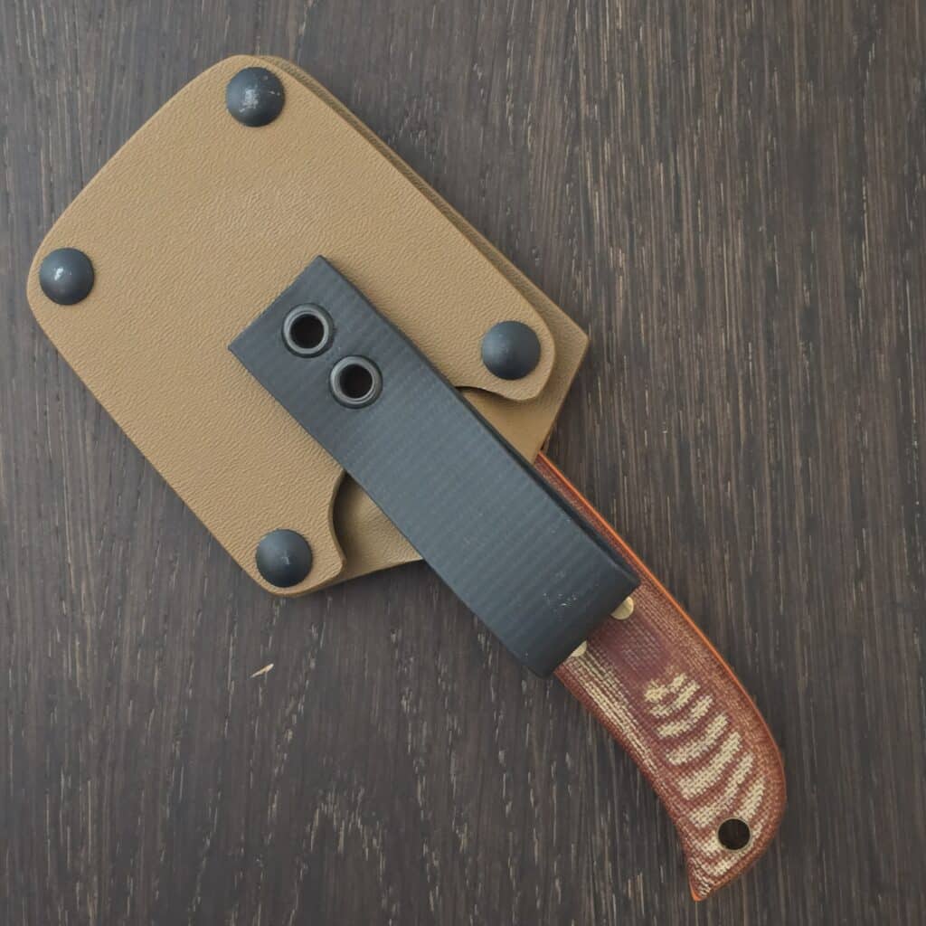 Pacheco Forge Custom Companion 80CRV2 in Burlap Micarta, G10 Orange Liners, Brass Pins and FDE Kydex Sheath knife for sale