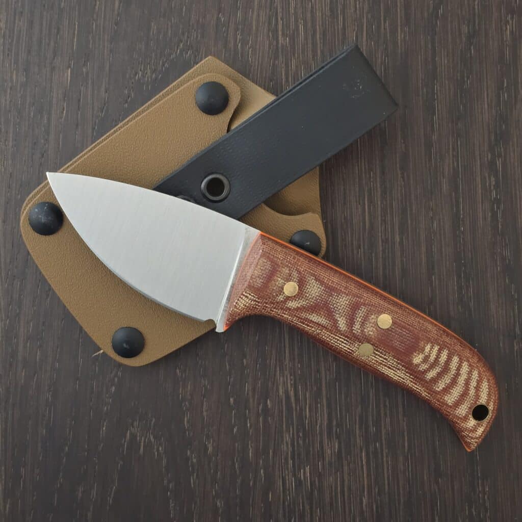 Pacheco Forge Custom Companion 80CRV2 in Burlap Micarta, G10 Orange Liners, Brass Pins and FDE Kydex Sheath knife for sale